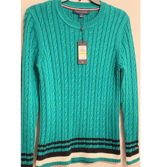 Tommy Hilfiger Sweaters - Tommy Hilfiger Cable-Knit Striped-Hem Women’s Sweater Color: Green
